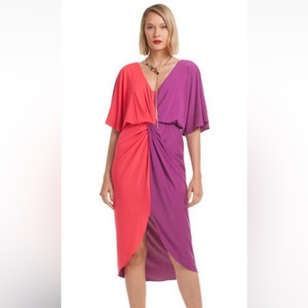 Trina Turk Etta Dress Vivid Viola Bodycon Front Twist Fluttery Dolman sleeves XS - Picture 16 of 16